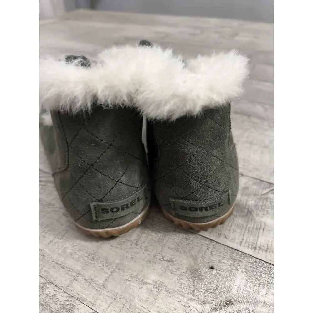 Sorel Womens 7.5 Out N About Moc Olive Green Suede Faux Shearling Lined Moccasin